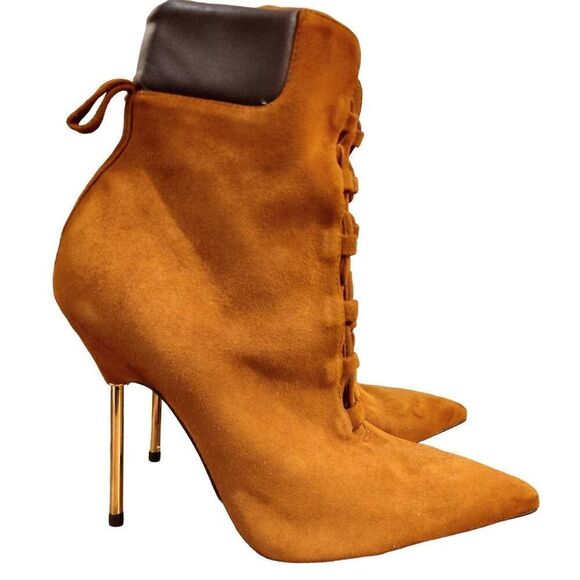 GOOD AMERICAN SCANDAL TOBACCO GOLD STILETTO SUEDE BOOTIE NOOB sz 6 - Picture 1 of 15